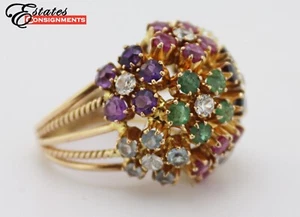 Vintage Multi-Stone, Yellow Gold Bombe Flower Ring - Picture 1 of 9
