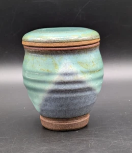 Vintage Japanese Lidded Small Pottery Jar Trinket Box Urn Handmade Green 3.5" - Picture 1 of 6