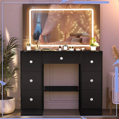 Tocador Escritorio Maquillaje Escritorio Negro Tocador con 7 Cajones y Espejo Iluminado LED Foto 1 de 4