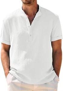 COOFANDY Men's Casual Henley Shirt Band Collar Short Sleeve Medium, White - Picture 1 of 5