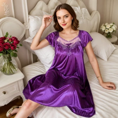 Sexy Sleepwear Silk Satin Women Ladies Short Sleeve Nightgown Robes Night Dress - Image 1 of 4