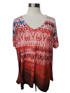 One World Woman Knit Top 3X Red Stretch Pullover Short Sleeve Sharkbite Hem - Picture 1 of 10