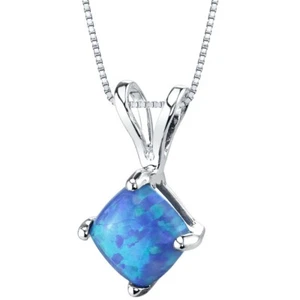 Colgante de ópalo azul creado de 0,5 quilates corte cojín de oro blanco de 14 quilates, 18" - Imagen 1 de 4