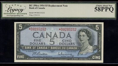 1954 Bank of Canada $5 Replacement - BC-39bA. Legacy Choice AU 58 PPQ - Image 1 of 2