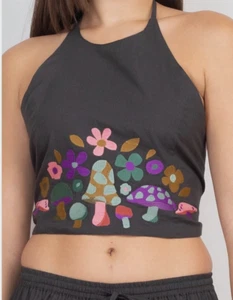 Embroidered Mushroom Floral Embroidered Gray Women’s Halter Top - Picture 1 of 13