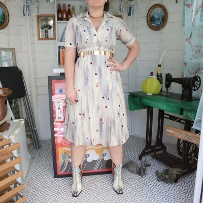 Vestido Midi Mod Vintage Retro Años 60 Crema Geométrico Abstracto Patrón Loco Estampado 10 Foto 1 de 4