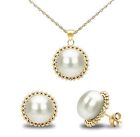 14k Yellow Gold Pendant and Stud Earrings Set & 9-9.5mm White Freshwater Pearl