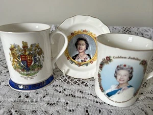 2 Elizabeth II Golden Jubilee Mugs And Dish - Ringtons, Argyle and Falcon China - Picture 1 of 11