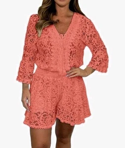 Zweiteiliges Set Damen rosa Shorts geschnürt. Oberteil mit ausgestellten Ärmeln und V-Ausschnitt. Größe XL - Bild 1 von 4