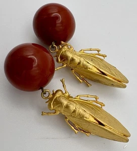 Ohrclips Vintage Designer Modeschmuck Cicada - 6 x 2 cm Goldtone BO30 - Bild 1 von 3