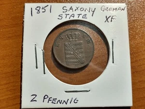 Saxony 2 Pfennige 1851 XF RARE COND German States KSSM Sachsen Old Vintage Coins - Picture 1 of 2