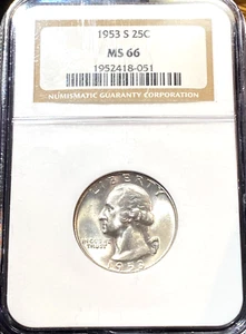 1953-S Washington Quarter NGC MS66 Blast White New Slab Below Greysheet! CHRC - Picture 1 of 2