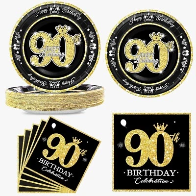 60pcs 90th Birthday Black & Gold Plates & Napkins Party Supplies Set