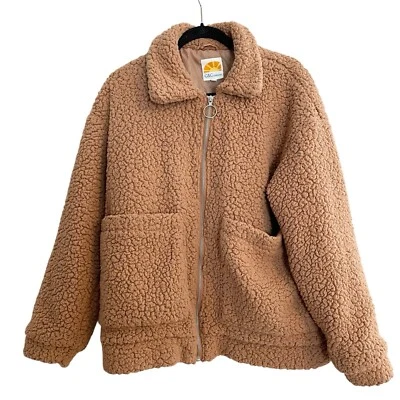 C&C California Womens L Teddy Jacket Tan Sherpa Teddy Coat Zip Pockets Cottage - Image 1 of 4