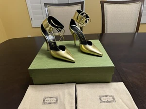 New Gucci High Heel Ankle Strap Leather Gold Pumps Shoes Size 37 / US 7 - Picture 1 of 17