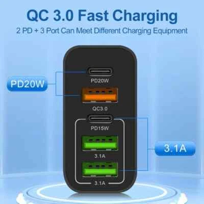 NEW Quick Charge 3.0 20W PD 3.1A USB Type C Charger 5 Port Phone Charger Adapter - Image 1 of 4