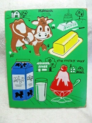 Vintage Collectible PLAYSKOOL"THE MILKY WAY"Wood Puzzle Made N USA-Cow-Farm-Milk - Image 1 of 4