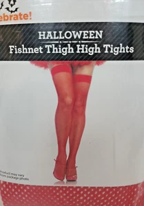 Red Fishnet Thigh High Halloween Costume Stockings Woman 1 Size Fits Most New - Picture 1 of 4