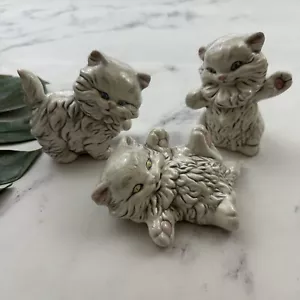 Vintage Ceramic Kitten Figurine Trio White Gray Set of 3 Cats Fluffy Cute - Picture 1 of 9