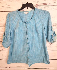 Fashion Bug 90s Top Womens Sz Large Blue Plaid Button Up Prairie Roll Tab Sleeve - Picture 1 of 12