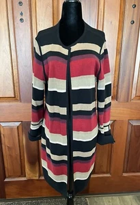 Chico’s Women Long Open Duster Cardigan Black Red Beige Striped size L - Picture 1 of 10