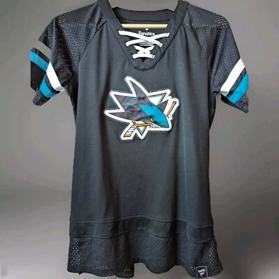 San Jose Sharks Women's Fanatics Black Teal Lace-Up Jersey Shirt Size Medium EUC - Image 1 of 4