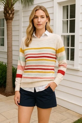 Nuevo con etiquetas Suéter Talbots S S S Slub Mezcla de Algodón Cuello Barco Crema Multi Rayas Informal Foto 1 de 4