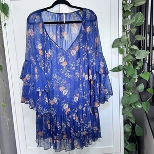 FREE PEOPLE BLUE FLORAL RUFFLE SUNSETTER SLIP DRESS Medium READ DESCRIPTION - Picture 1 of 9