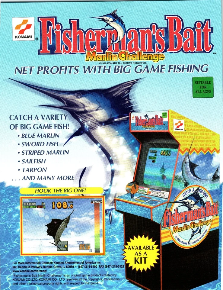 1999 Fisherman's Bait Marlin Challenge Arcade Game Flyer Konami USA - Image 1 of 2