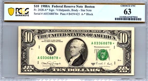 1988-A $10 "STAR " Boston Federal Reserve Banknote PCGS 63 CUNC Fr. 2028-A* - Picture 1 of 3