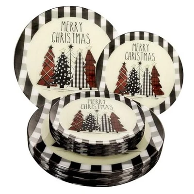  24Pack Christmas Plastic Plates - Heavy Duty 10inch 7inch Black/White - Image 1 of 4
