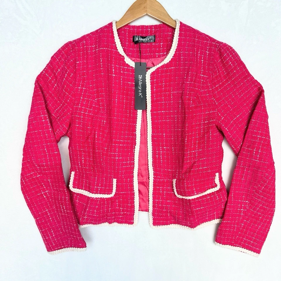 Lo último Blazer Rosa a Cuadros Tweed Manga Larga Frente Abierto Talla S Trabajo Oficina Chaqueta Corta Foto 1 de 4