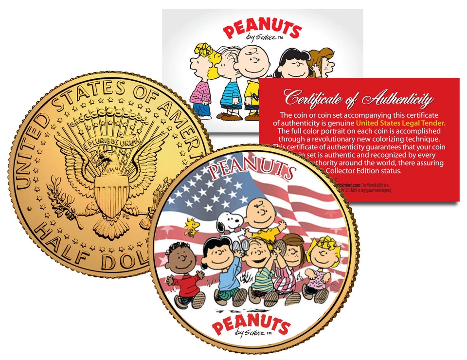 PEANUTS CHARLIE BROWN & SNOOPY 24KT GOLD US JFK KENNEDY HALF DOLLAR! COA & STAND - Image 1 of 1