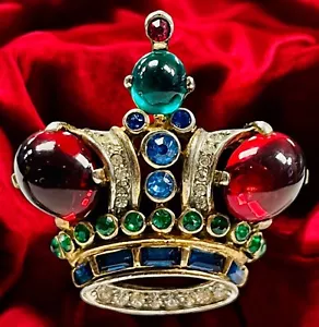 Vintage Krone Trifari Sterling Silber Krone Brosche Anstecknadel Cabochons & Strass - Bild 1 von 8