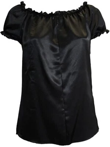 Dressy Plain Black Satin Gypsy Top Elastic Neckline Cuffs Ladies Plus Size - Picture 1 of 4