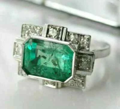 艺术装饰风格实验室制造的钻石翡翠婚礼礼物戒指 14K 白金 FN — 第 1/4 张图片