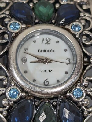 Chico's White Dial Blue Green Cabochon Silver Tone Hinge Bracelet Band Watch - Image 1 of 4