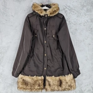 Bebe Jacket Womens Size M Brown Faux Fur Trim/Hem Hooded Parka Coat Lined Long - Picture 1 of 8