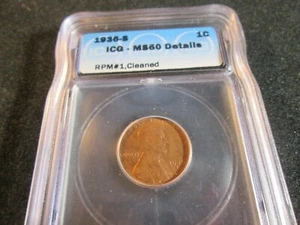 1936-S LINCOLN WHEAT CENT RPM 1 S OVER S RARE ICG MS60 DETAILS CLEANED 0601 - Picture 1 of 5