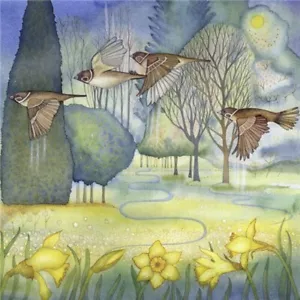 Sparrows in the Park - Fine Art Blank Greeting / Birthday Card - Birds Daffodils - Picture 1 of 1