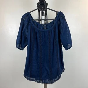 NWT Lucky Brand Cotton Boho Peasant Eyelet Dark Blue Blouse Women Medium - Picture 1 of 7