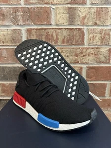 New 7.5 Adidas NMD R1 PK Primeknit Uncaged Sneakers Black Red Blue GZ0066 Men - Picture 1 of 12