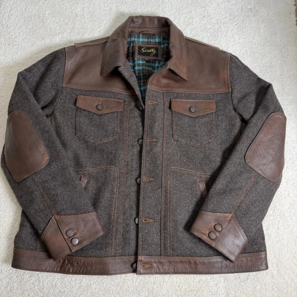 Scully Leather Wool Blend Herringbone Jacket XXL Brown Plaid Lined Mens - Image 1 of 4