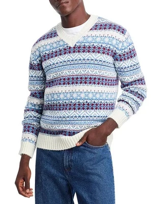 Suéter HUGO BOSS Para Hombre Grande Azul Blanco Cuello en V Fair Isle Mezcla de Lana SISSOH $248 Foto 1 de 4