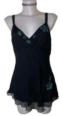 Vtg 90s Womens Black Silk Beaded Floral Babydoll Boho Whimsigoth Vampy Top Sz L - Image 1 of 4