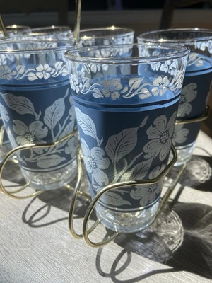 Vintage Hazel Atlas Glass Tumbler Set Of 8 w/ Wire Caddy Dogwood Floral Pattern - Image 1 of 4