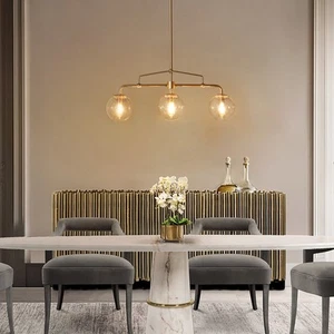 Mid-century Modern Glass Globe Linear Chandelier 3-light Orb Matte Rose Gold L26 - Picture 1 of 5