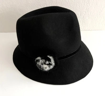 VAAG Cloche Fedora 20s Style Black Wool Blend Womens Hat w/Faux Fur Accent - Image 1 of 4