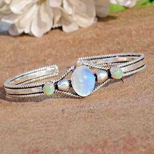 Moonstone & Fire Opal Gemstone 925 Sterling Silver Cuff Casual Gift Bangle - Picture 1 of 5