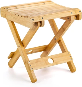 Bamboo Folding Step Stool - 12 Inch Bamboo Shower Bench Stool Spa Bath Seat Chai - Picture 1 of 12